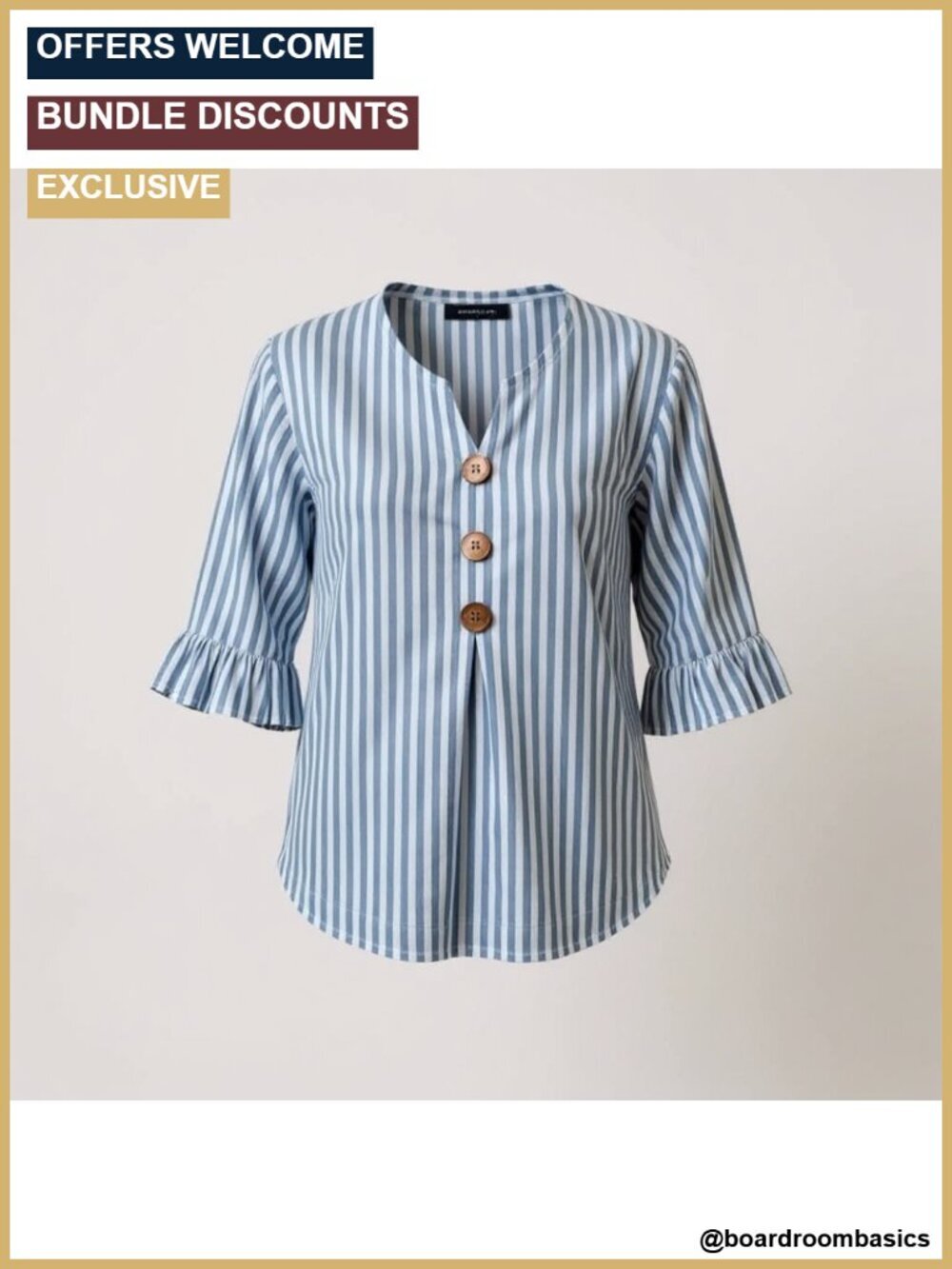 V Neck 3/4 Ruffle Sleeve Decorative Button Front Blouse